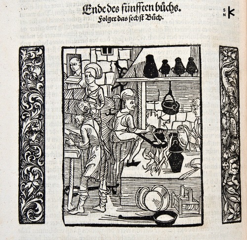Drevorez stredovekej kuchyne v knihe De honesta voluptate et valetudine (o pôžitku a zdraví), 1542.