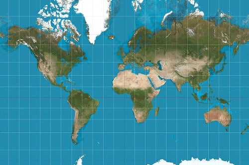 Mapa podľa Mercatorovej projekcie.