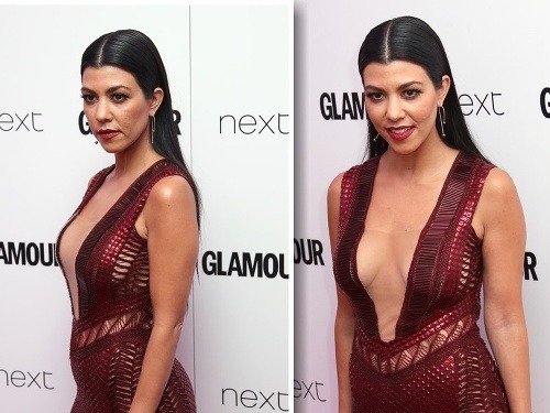 Kourtney Kardashian si do spoločnosti vyšla v šatách s hlbokým výstrihom. 