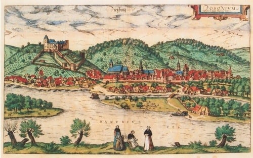 Veduta Bratislavy (Pisonium; Posonium; Pressburg) z roku 1593 s vyobrazením rieky Dunaj a Bratislavského hradu.