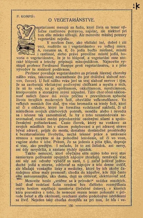 P. Kompiš: O vegetariánstve In: Vydrove besiedky, roč. 4, č. 7 (1912)