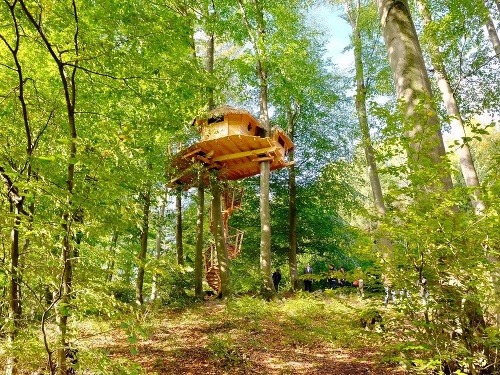 Kačínsky drevený domček v korunách stromov.