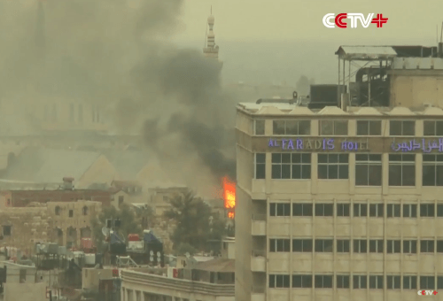 Požiar na trhovisku v Damasku.
