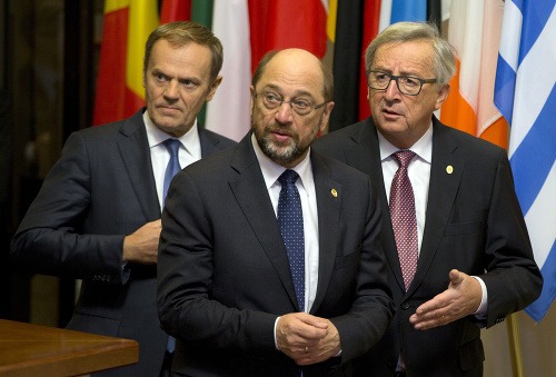 Veľká trojka EÚ Donald Tusk, Martin Schulz a Jean-Claude Juncker