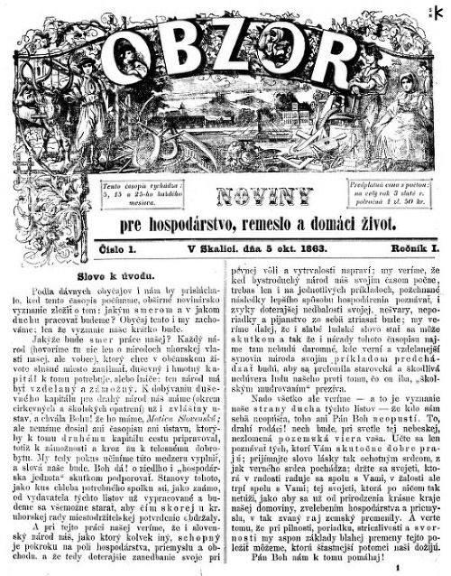 Obzor – Noviny pre hospodárstvo, remeslo, domáci život, roč. 1, č. 1, V  Skalici, dňa 5. okt. 1863 (noviny vychádzali v rokoch 1863 – 1882)