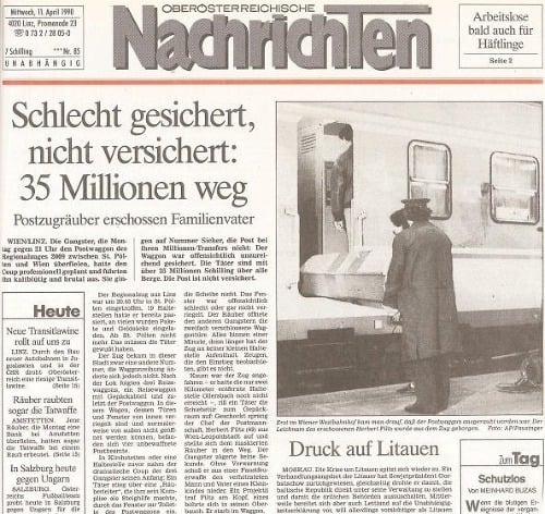 Titulka rakúskych novín dva dni po lúpeži.