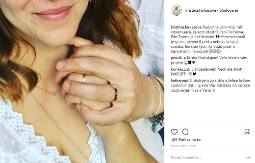 Kristína Tormová a Peter Torma zverejnili informáciu o svadbe na Instagrame.