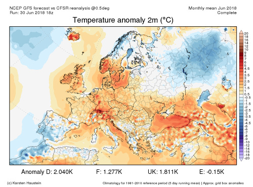 Odchýlka priemernej teploty júna od dlhodobého priemeru 1981-2010 v Európe.