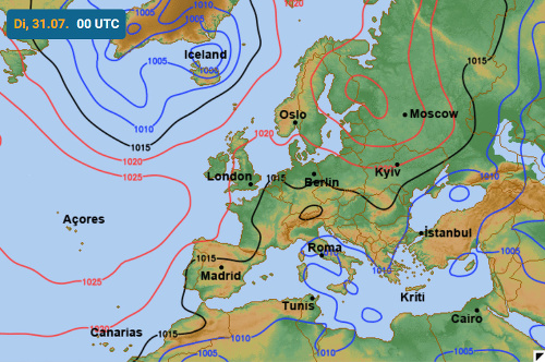 Predpokladané rozloženie prízemného tlaku vzduchu na konci júla nad Európou. 
