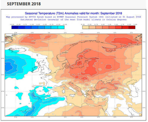 Predpokladané odchýlky teploty vzduchu v septembri 2018 v Európe.
