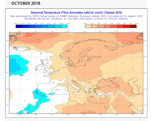 Predpokladané odchýlky teploty vzduchu v októbri 2018 v Európe. 