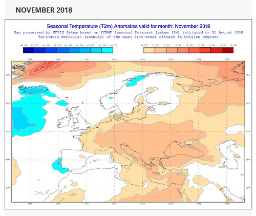 Predpokladané odchýlky teploty vzduchu v novembri 2018 v Európe.