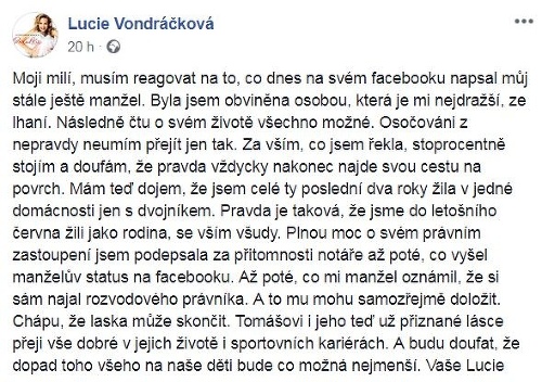 Lucie Vondráčková sa vyjadrila k reakcii jej manžela.