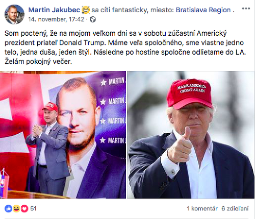 Martin Jakubec písal pár dní pred svadbou na Facebooku, že osláviť jeho veľký deň príde aj Donald Trump.