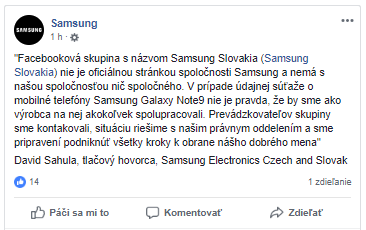 Spoločnosť Samsung na svojom oficiálnom Facebooku potvrdila, že so stránkou Samsung Slovakia nemá nič spoločné.