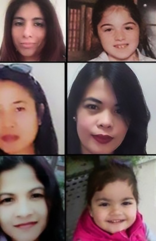 Prvom rade: Livia Florentina Buneaová a jej dcérka Elena. V druhom rade: Maricar Valdez Arquiolaová a Arian Palanas Lozanová. V treťom rade: Mary Rose Tiburciová a jej dcérka Sierra.