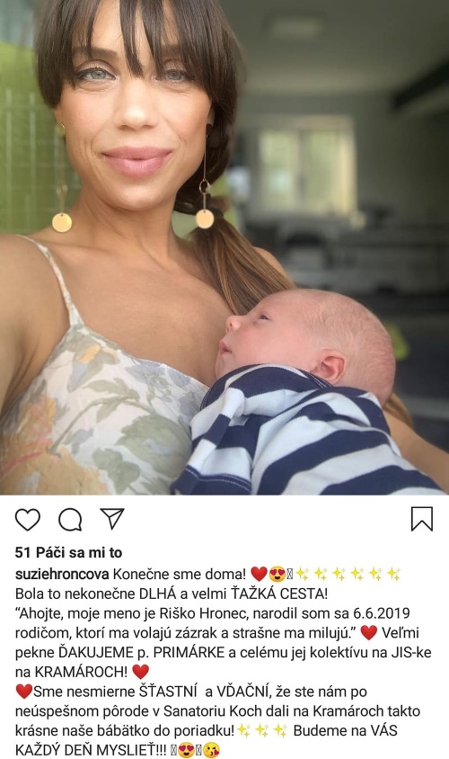 Suzie Hroncová sa 6. júna stala prvýkrát mamou.