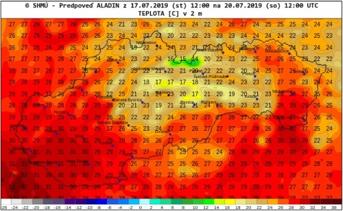Radar Aladin zobrazuje teplotu, aká bude 20.07.2019 o 14:00 LSEČ.