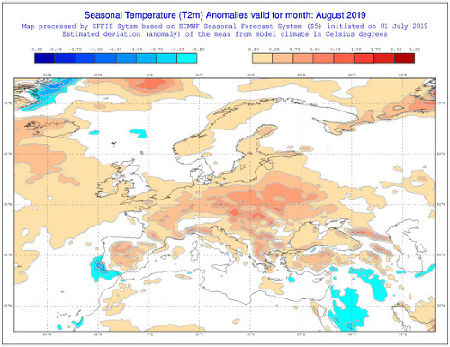 Predpokladané teplotné odchýlky v auguste v Európe. 