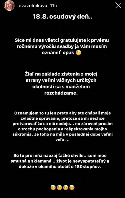 Eva Zelníková oznámila rozchod prostredníctvom Instagramu. 