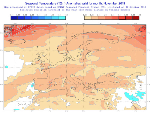 Predpokladané teplotné odchýlky od dlhodobého priemeru v novembri 2019 (obr. 1).