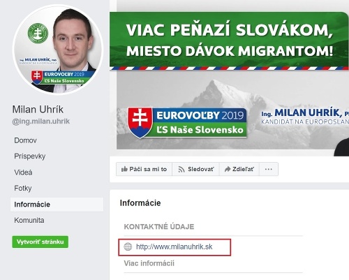 Uhrík propaguje web milanuhrik.sk priamo na svojom účte na sociálnej sieti