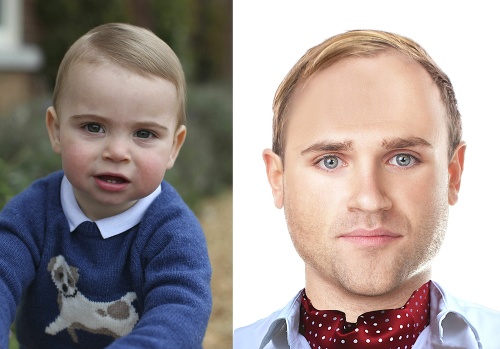 Najmladším potomkom princa Williama a Kate je Louis, ktorý v apríli oslávi 2 roky. Jeho modré oči by v budúcnosti mali byť ešte výraznejšie. Rovnako ako William, aj on by mohol mať problémy s vypadávajúcimi vlasmi. 