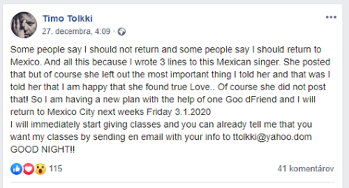 Timo Tolki sa voči obvineniu obraňuje aj na svojom Facebooku. Svoj návrat do Mexika neruší. 