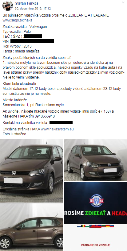 Hľadanie vozidla prebiehalo aj cez facebookovú skupinu HAKA - Hľadá sa auto krádeže automobilov.