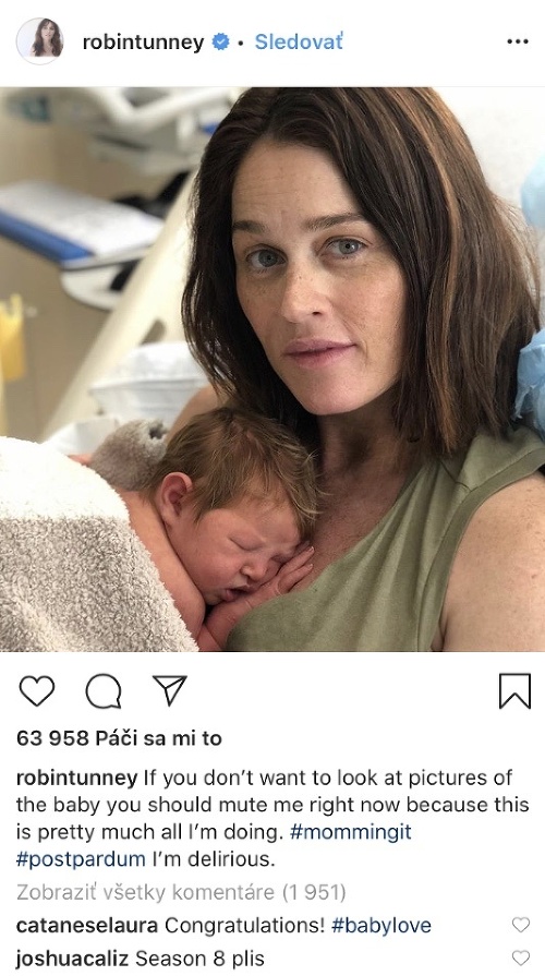 Robin Tunney sa vo svojich 47 rokoch stala dvojnásobnou mamičkou. Na instagrame zverejnila aj fotku z pôrodnice.