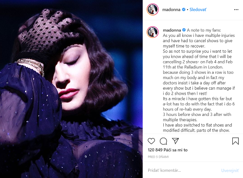 Madonna sa na Instagrame ospravedlnila za zrušené koncerty.
