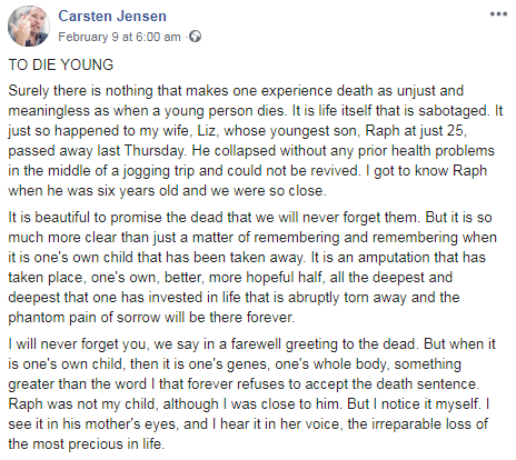 Správu o smrti Raphaëla Colemana zdieľal na Facebooku jeho otčim. 