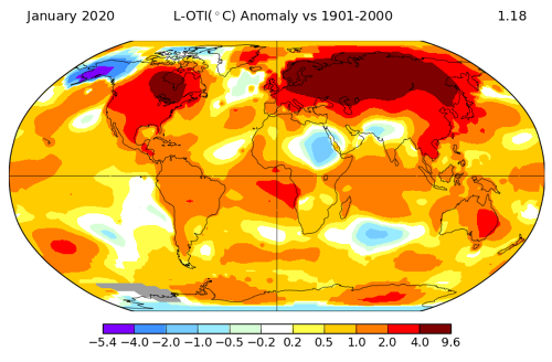 Obr. 2 Odchýlky od priemernej teploty v januári 2020 na Zemi podľa NASA.