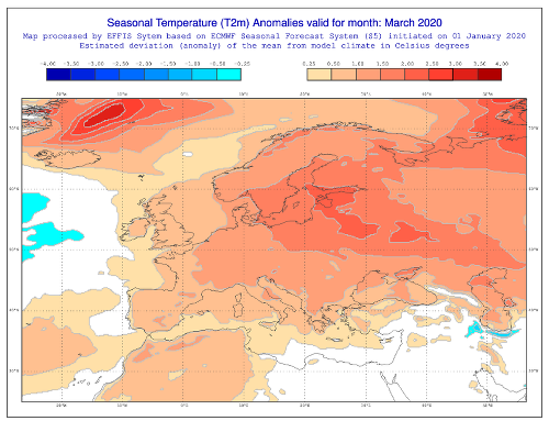 Obr. 3 Dlhodobá prognóza teploty na marec podľa európskeho predpovedného modelu (ECMWF).