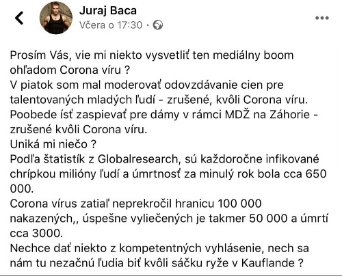 Juraj Bača kvôli koronavírusu prišiel o dve pracovné akcie. 
