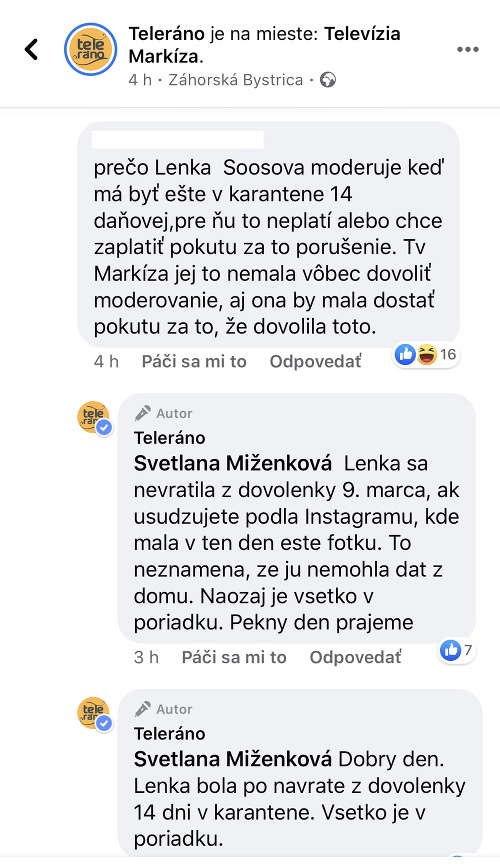 Na sociálnych sieťach sa objavili komentáre, prečo Lenka Šóošová nie je ešte v karanténe.
