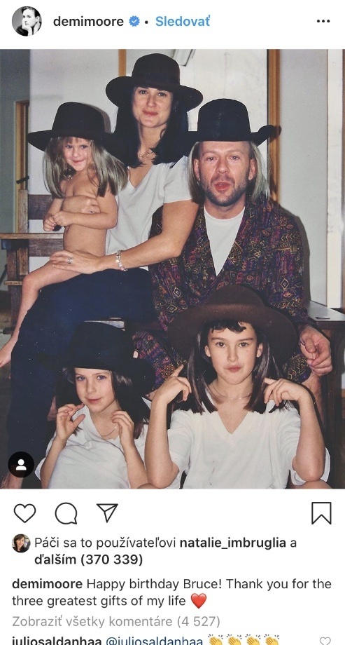 Demi Moore a Bruce Willis majú spolu tri dcéry. Tie sú pre herečku najvzácnejším darom. 