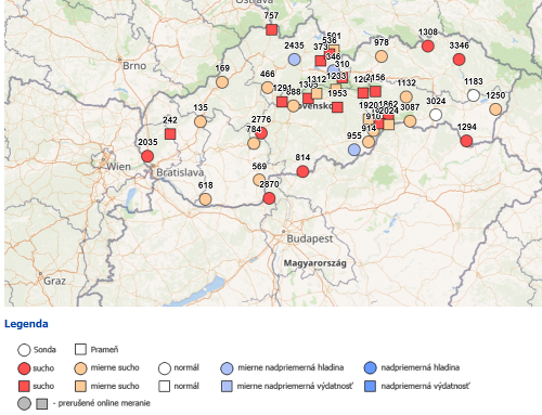 Odchýlka pôdnej vlhkosti od zvyčajného stavu na začiatku mája podľa pozorovaní Slovenského hydrometeorologického ústavu