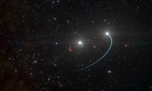Vizualizácia trojitého hviezdneho systému s novoobjavenou čiernou dierou