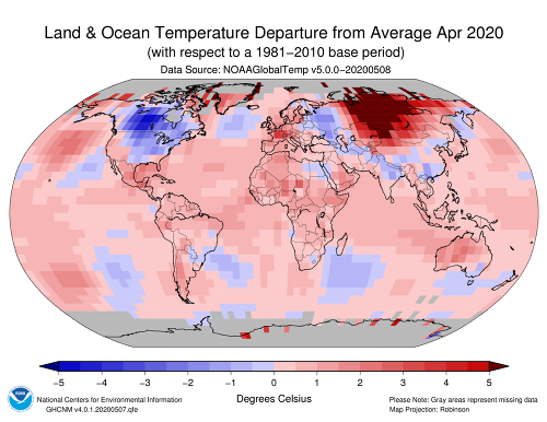 Mapa ukazuje mieru globálnych zmien teploty v apríli