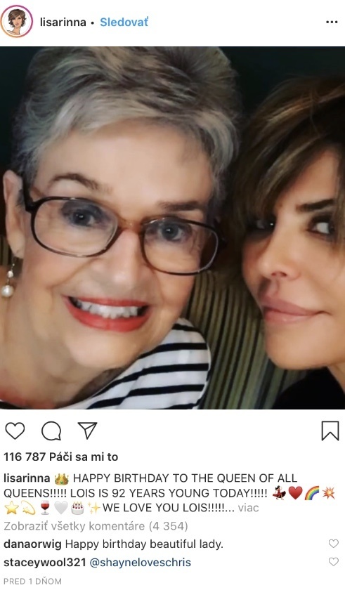 Lisa Rinna zverejnila na instagrame fotku so svojou mamou Lois. 