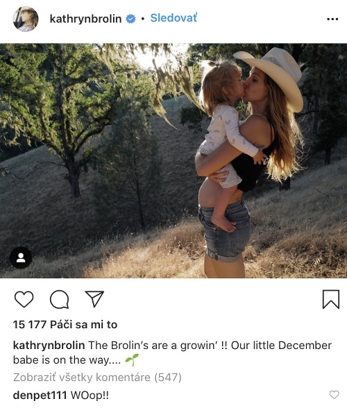 Kathryn Brolin na instagrame sama tiež oznámila, že nosí pod srdcom dieťatko.
