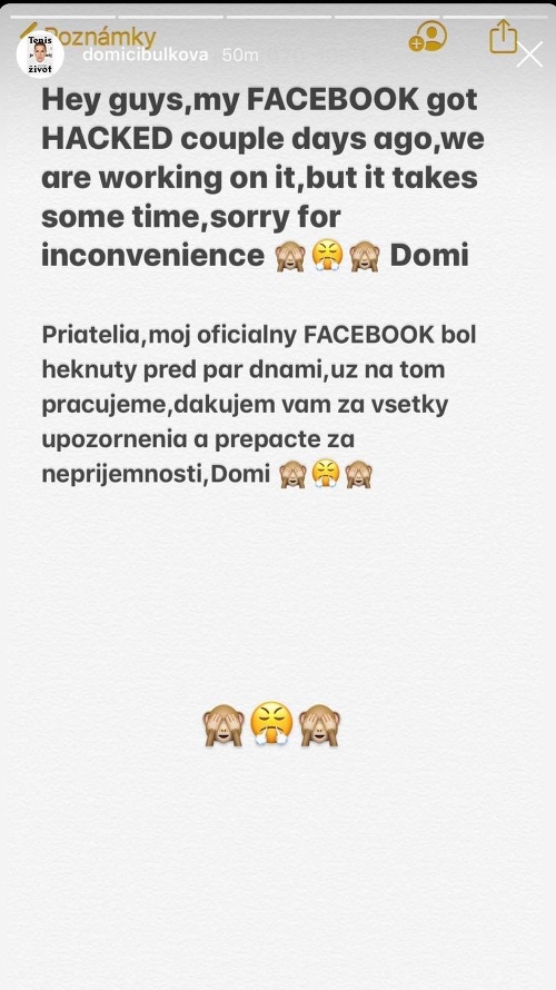 Dominika Cibulková o hacknutom profile napokon informovala aj na Instagrame.