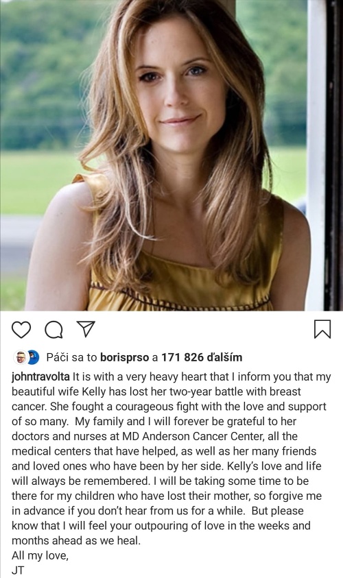 John Travolta oznámil smutnú správu prostredníctvom Instagramu. 