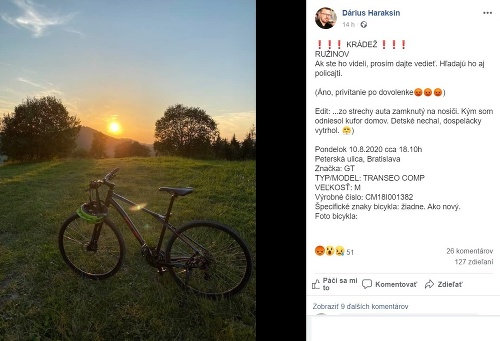 Dárius Haraksin prišiel o svoj bicykel. Zlodej mu ho ukradol spred domu v bratislavskom Ružinove.