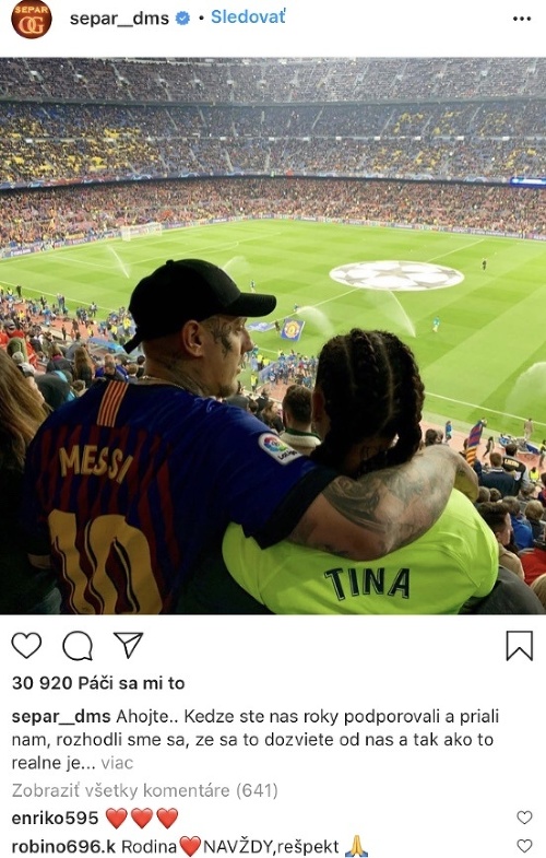 Separ oznámil rozchod s manželkou Tinou príspevkom na Instagrame. 
