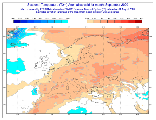 Predpokladaná teplotná odchýlka v septembri podľa modelu ECMWF.