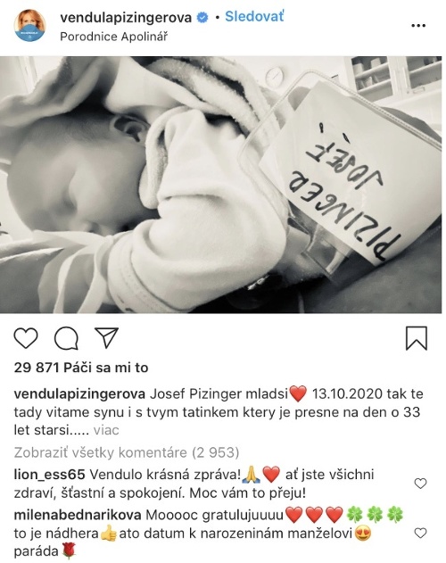 Vendula Pizingerová sa na sociálnej sieti pochválila fotkou synćeka Josefa. 