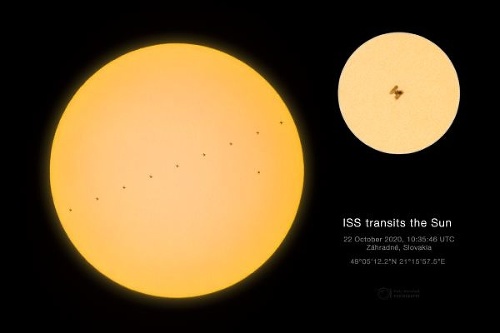 Vľavo vidno multiexpozíciu prechodu počas jednej sekundy (vpravo je viditeľná aj slnečná škvrna AR2776) a vpravo výrez s detailom ISS s náznakmi solárnych panelov