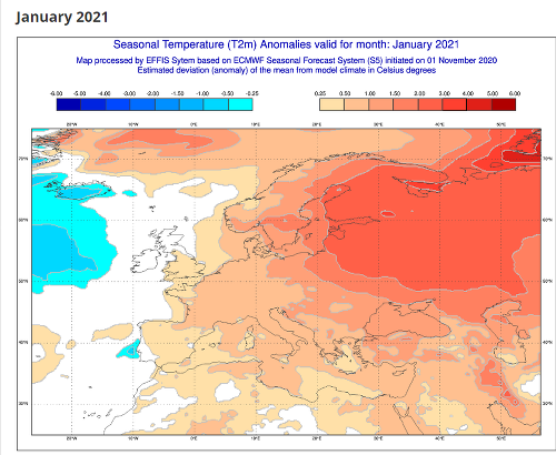 Predpokladané teplotné odchýlky v Európe v januári 2021